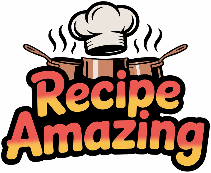 Illustration of a chef's hat with two frying pans and the text "Recipe Amazing" in bold, gradient letters below.